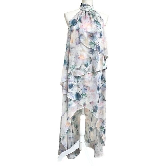 MISA Victorine Floral High-Low Maxi Chiffon Dress in Abstract Watercolor XS NEW - Picture 3 of 11
